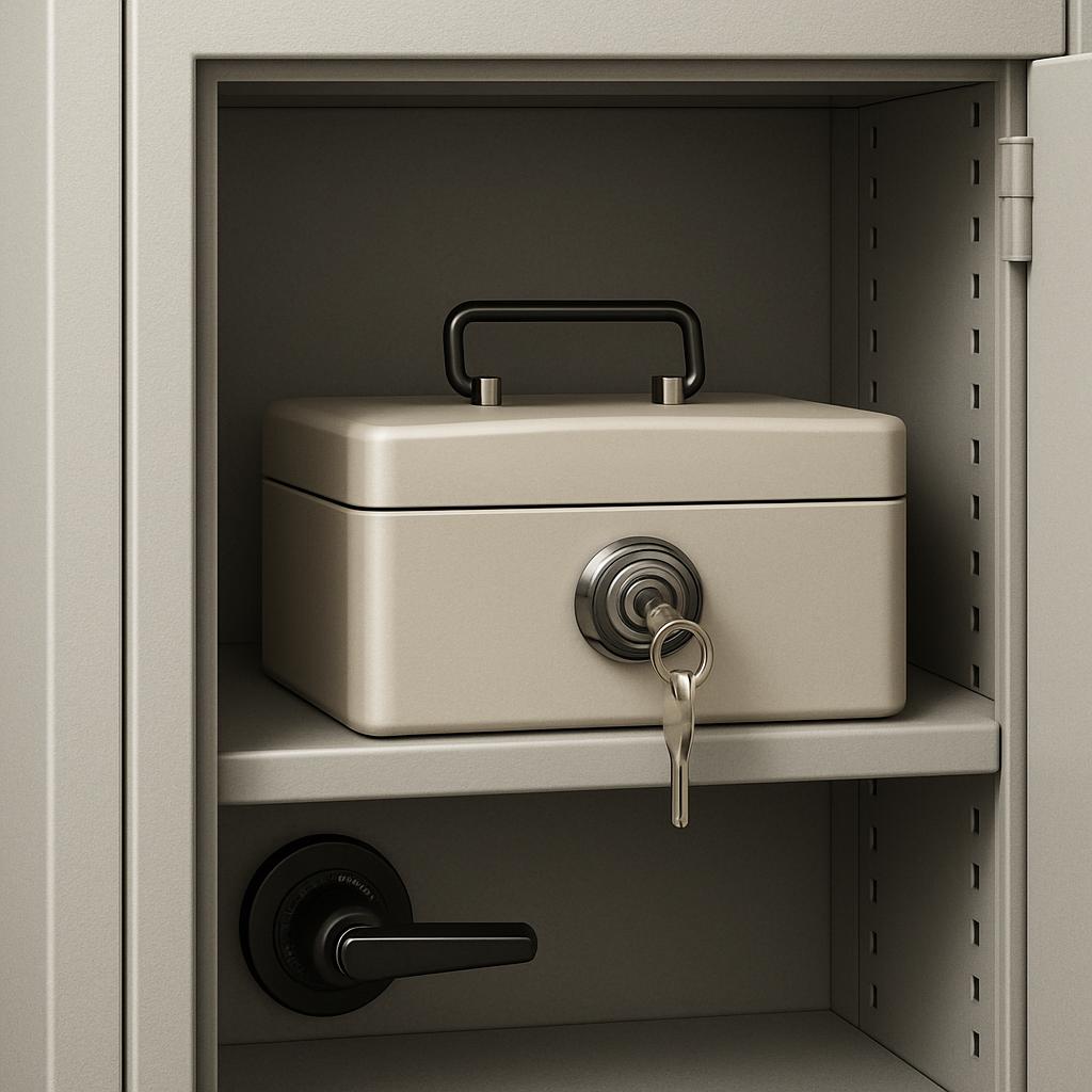 A cream metal safe with a metal handle on top open, with a safe combination lock set of key and knob at the middle showing...
