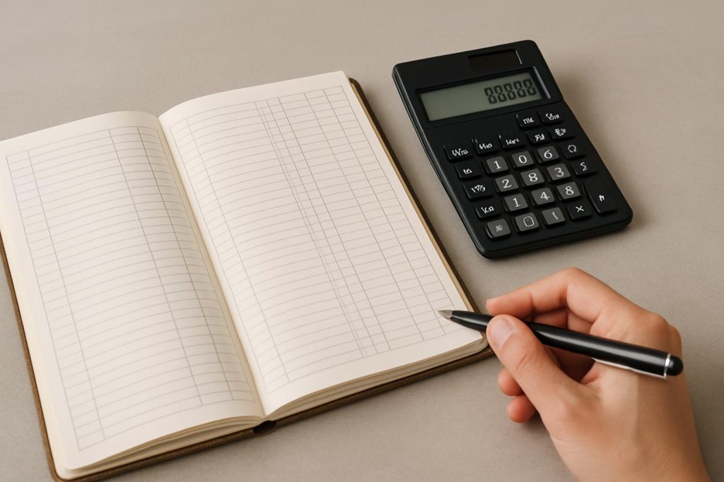 A close-up image of a person's hand holding a pen over an open notebook, with a black calculator near the book.